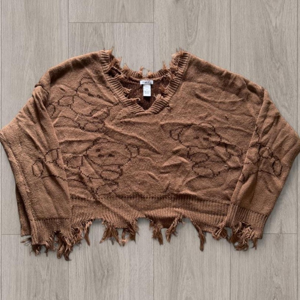 Rue21 Brown Distressed Teddy Bear Cropped Sweater XL Grunge Y2K